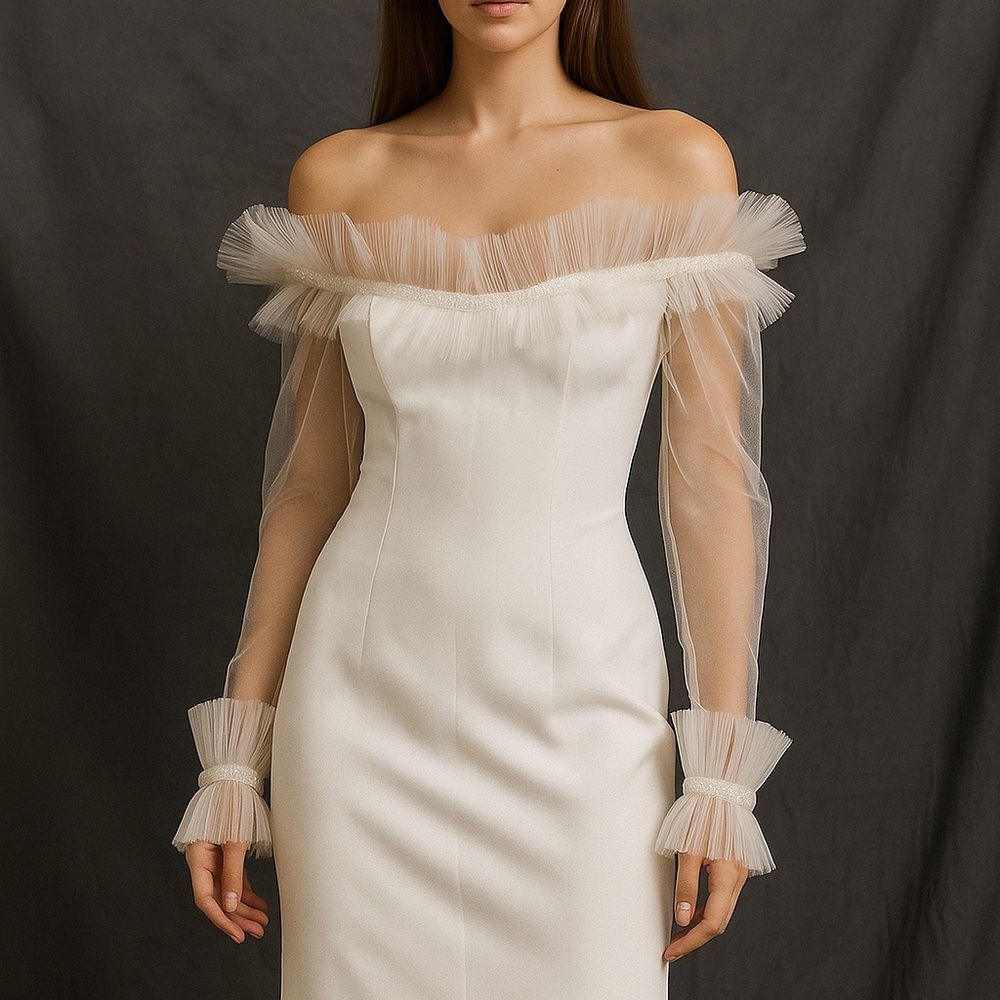 Chic Off-Shoulder Cream Dress with Tulle Sleeves